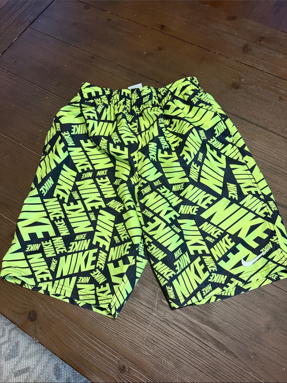 Nike Neon Yellow and Black Logo Allover Swim Trunks